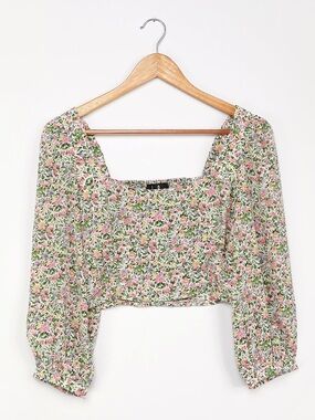 Lulus Even Sweeter White Floral Print Three-Quarter Sleeve Crop Top M BNWT